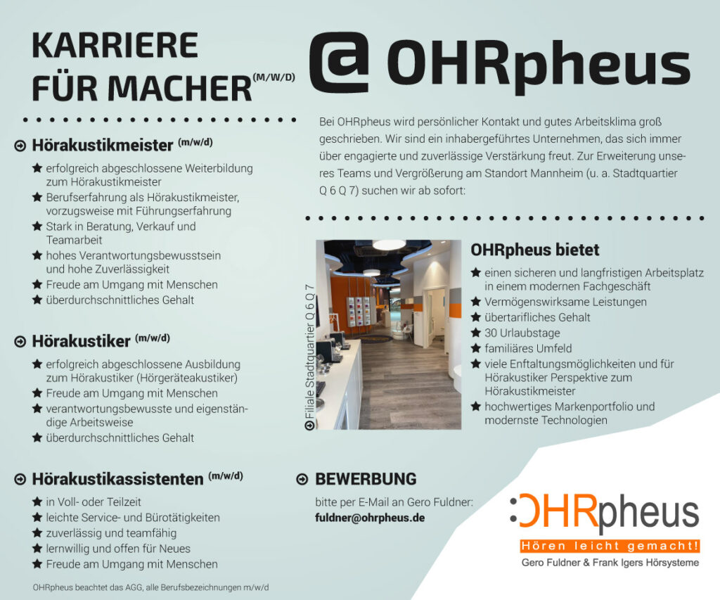 OHRpheus Hörgeräte Stellenangebote Filiale Mannheim Q 6 Q 7