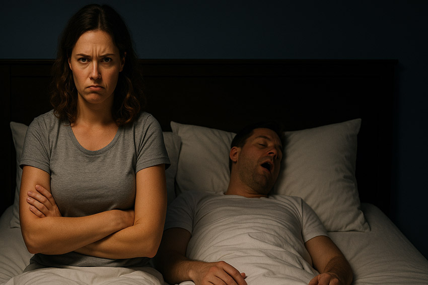 Frau sitzt genervt im Bett, während Mann neben ihr schnarcht